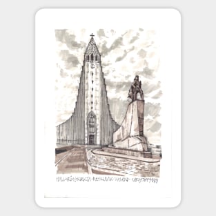 Hallgrímskirkja Church, Reykjavík, Iceland Ink Drawing Sticker